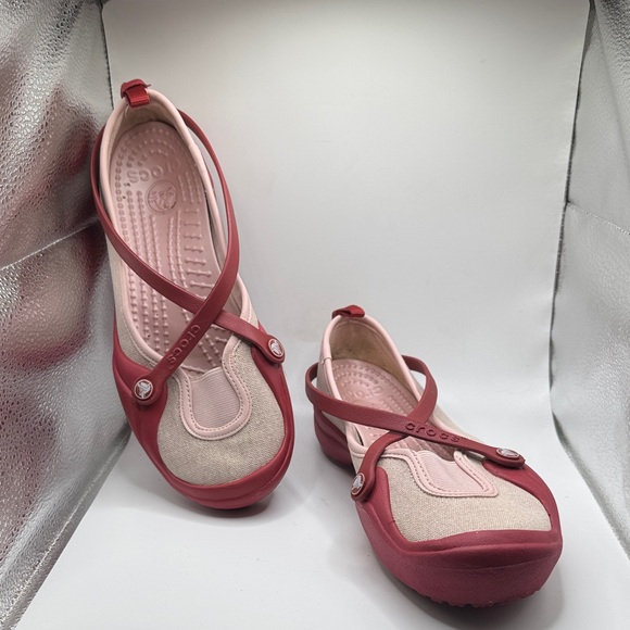 CROCS Women's Pink/Red/Cream Flats PRELOVED Sz 7  comfort casual - Picture 1 of 5